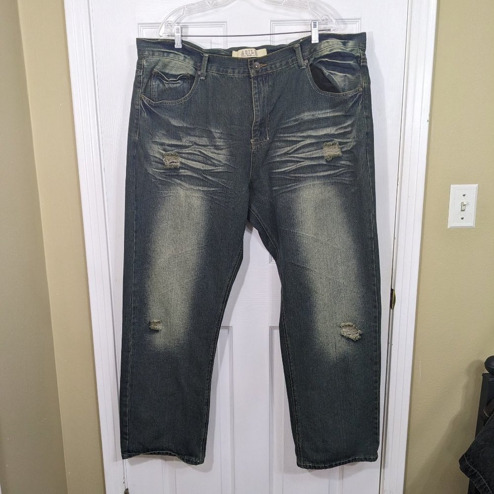 Agile Distressed Torn Blue Denim Whiskered Fading Details Men's Jeans - 46W*(43)